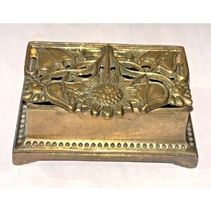 Vintage Silvestri Brass Double Stamp Box Floral Sunflower Hinged Taiwan